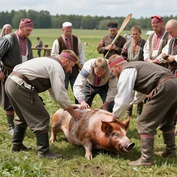 ukrainian cossack and belarusian gentry slaughter a pigt, highly detailed