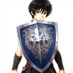 a drawing of an ornamental shield in a warrior's hand, by yoshitaka amano, featured on pixiv, fantasy art, official art, androgynous, anime