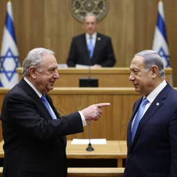photo of yitzhak rabin pointing at benjamin netanyahu on the background of the knesset, 5 0 mm, beautiful photo