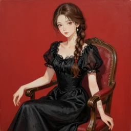 girl with braided brown hair, wearing an elegant dress, sitting in a chair, highly detailed, painting, red and black color palette, intricate, high quality anime artstyle