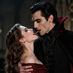 elegant dracula from space, bitting a woman's neck, soft lighting, mysterious atmosphere, hyper realistic, hyper detailed, fine clothing, handsome, leyendecker,
