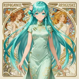 adult girl with long aqua glass hair, aqua glass eyes, a small pigtail on the left side, chinese dress, chinese style, anime style, hyper detailed, light green dress, illustration, digital painting, art by artgerm and greg rutkowski and alphonse mucha, full body, anime stylized, highly detailed, realistic, sharp focus, styled by rhads