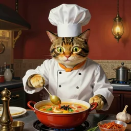 anthropomorphic cat chef cooking a delicious colorful soup, by Salvador Dali