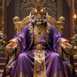 beautiful fantasy character portrait, male wizard, anthropomorphic tiger, dressed in fluent long jeweled oriental clothes, gradient purple to gold, on a throne, rich palace room background, hyper realistic, highly detailed by peter mohrbacher, wayne barlowe, boris vallejo, paolo eleuteri serpieri