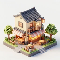 a detailed octane render of a old village 3 d cuboid isometric ramen shop, with small garden, with tables and chairs outside, volumetric lighting, outside view, 3 quarter view, ray tracing, dramatic lighting, unreal engine 5, global illumination, physical based render. balanced and aesthetically pleasing pastel colors.