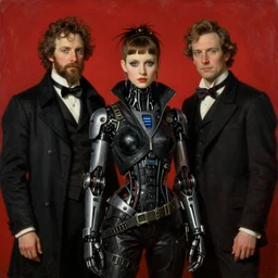 Solomon Joseph Solomon and Richard Schmid and Jeremy Lipking victorian genre painting portrait painting of a young beautiful woman android cyberpunk future hacker punk rock in fantasy costume, red background