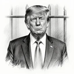 court drawing of donald trump sentenced to prison, pencil sketch and black and white