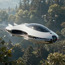 futuristic levitating luxury personal spaceship designed by apple flying over the forest art by greg rutkowski and paul ozzimo, epic fantasy sci - fi volumetric light clear focus detailed raytracing unreal engine digital art matte painting trending on artstation deviantart octane render,