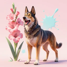 a fierce hostile 3 d render of hellhound, pixiv fanbox, dramatic lighting, giant gladiola, maximalist pastel color palette, splatter paint, pixar and disney exploded - view drawing, graphic novel by fiona staples and dustin nguyen, peter elson, alan bean, wangechi mutu, trending on artstation