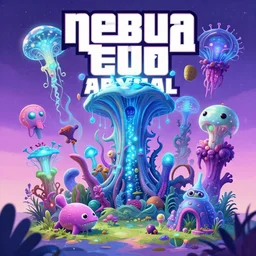 nebula abyssal  bioluminiscent plant animals hyperbeast by Brock Hofer digital art, ArtStation  GTA cover comics style  by James Gurney and beeple global illumination Volume lighting Pixar and Disney tone mapping harmony and joy color pastel vibrant