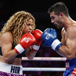Shakira with boxing gloves fighting against Gerard Pique, cinematic epic shot, hihgly detailed, 4k, realistic,