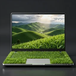 a laptop, the surface of the laptop is made of grass, very realistic