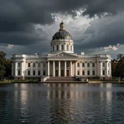Neoclassical building with dome in the middle lake. By Konstantin Razumov, horror scene, highly detailded