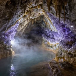 inside a cave with a hot spring and the walls of made of amethyst, photo
