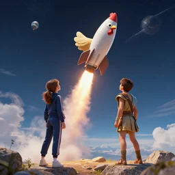 a boy and a girl launch a small rocket in the form of a chicken into space, a girl in a tracksuit, a boy in an ancient greek outfit, overlooking olympus hyperdetailed, octane render, 8 k