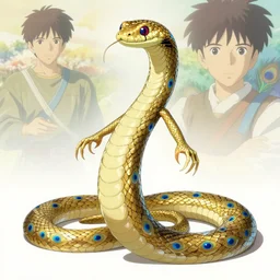 concept designs for a character that is an ethereal anthro snake with hands, golden scales and blue accents scattered in its design, influences from peacocks and mantis shrimp for its clothing of choice, it has a single leg that is a serpents tail, art by yuji ikehata and satoshi kon, background art by miyazaki, realistic, anime