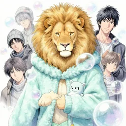 aesthetic portrait commission of a albino male furry anthro lion surrounded by glistening floating bubbles while wearing a cute mint colored cozy soft pastel wizard outfit, winter Atmosphere. Character design by charlie bowater, ross tran, artgerm, and makoto shinkai, detailed, inked, western comic book art, 2021 award winning painting