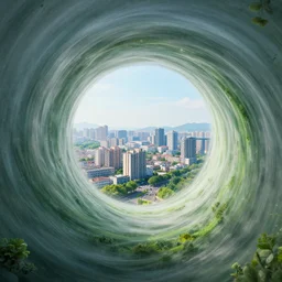 looking through a magical swirling vortex portal from a busy urban landscape to a beautiful natural landscape