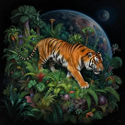 beautiful ultradetailed and ultrasharp painting of an alien planet with lush vegetation, at night with a raging tiger by victo ngai, derek zabrocki, tomer hanuka, james jean, featured in behance, featured in artstation, unreal engine, colorful, black color scheme