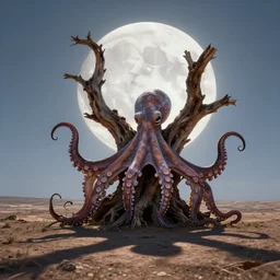 a big old dead tree that looks an octopus in front of the moon with a clear detailed shadow on the ground. octane render, cinematic photo, amazing light.