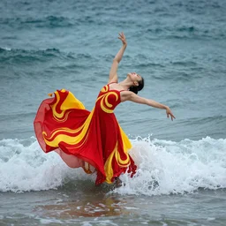 beautiful modern dancer wearing a red and yellow swirling dress, dancing in a sea of wild ocean waves, trending on Artstation, cinematic