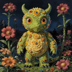 detailed spirit creature with eyes in the flowers at night made by zdzisław beksinski, beautiful scene, detailed, high quality, high details, smooth, ghibli artstyle, 8 k, guy