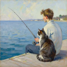 cat sitting on the pier fishing, expressive oil painting by christopher radlund and camille pissaro