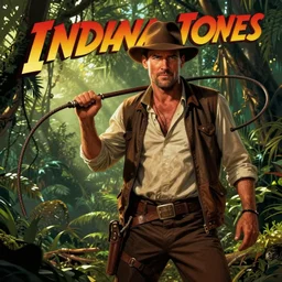 male indiana jones harrison ford, whip, action, jungle background, comic book style