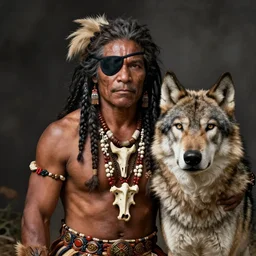 portrait of human savage chief with eye - patch and necklace made from human bones, big wolf pet sitting next to him, forest temple in the background, illustration concept trending pixiv fanbox by wlop and greg rutkowski and caravaggio and rosa bonheur, and william harnett
