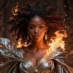 Portrait painting of a beautiful african princess born of fire, stunning 3d render inspired art by P. Craig Russell and Barry Windsor-Smith + perfect facial symmetry + dim volumetric lighting, vibrant dark hair, ornate flowing silvered robes, dizzy, 8k octane beautifully detailed render, post-processing, extremely hyperdetailed, intricate, epic composition, grim yet sparkling atmosphere, cinematic lighting + masterpiece, trending on artstation, very very detailed