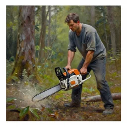 oil painting of man with chainsaw clearing forest