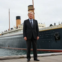 Klaus Schwab posing on front of Titanic, photography, deviantart, realistic,
