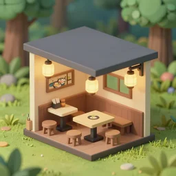 outside view of miniature classy ramen shop with chinese lamps, table and seats, situated in an enchanted forest, studio ghibli style, hayao miyazaki drawings, spirited away ambiance, clean, low poly art, detailed, isometric view, artstation, behance, global illumination, 3 d illustration, kawaii, pastel colors