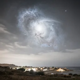 a beautiful! double exposure of the astronomy picture of the day, nebula, with a rural seaside village landscape at night, soft white light, muted, neutral light, light blue tones, long exposure clouds, unreal engine
