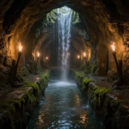 inside the ancient flooded sewers in the old part of the city. fantasy art, dripping water, standing water, channel, stagnant water, waterfall, rivulets, musty, moss, underground, abandoned spaces, torch - lit, dungeons and dragons.