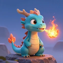 A Digital painting of a cute dragon with bright eyes, sitting on a rock breathing fire. In the style of Pixar Animation.