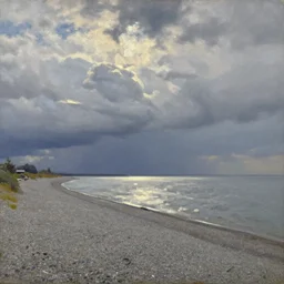 a gravel shoreline, cloudy day, realistic oil on canvas, by caspar david friedrich, beautiful lighting