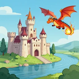 a cartoonish photo of a castle near the river and a dragon in the flames flying by