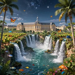 bordeaux city immerged in a paradisiac lagoon with tropical fish, butterflies, palms and surrounded by riverfalls and vineyards, stars in the sky, global illumination lighting artstation, lois van baarle, ilya kuvshinov, rossdraws