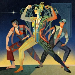 ( ( dither ) ), editorial illustration portrait of reol, dynamic pose, modern art deco, colorful, ( ( mads berg ) ), christopher balaskas, victo ngai, rich grainy texture, detailed, dynamic composition, wide angle, moebius, matte print, ( ( night sky ) ), volumetric