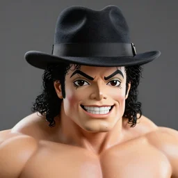 macro head shot 8 5 mm of smirking michael jackson oversized muscular hulked powerlifter with fedora hat by neca!!! pretty! beautiful! action pose shirtless muscular black pants blue military jacket very detailed realistic action figure by neca in the style of king of fighters, character from mortal kombat, film still, bokehs