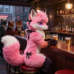 an adult anthropomorphic pink fox fursona with wild hair and a fluffy tail, a furry wearing black ribbons, city streets background outside of the bar. a crowd of furries drinking at the tavern. bartender ox cleaning a glass behind the counter. moody lighting. red bar stools. whiskey and wine and beers