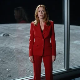 a medium full shot portrait photograph by annie leibovitz depicting bryce dallas howard in a tailored red suit standing next to a plate glass window with an anxious expression. outside we see the surface of the moon. sci fi, futuristic, cinematic, soft lighting, sci fi, bladerunner, canon eos r 3, f / 3, iso 2 0 0, 1 / 1 6 0 s, 8 k, raw, unedited