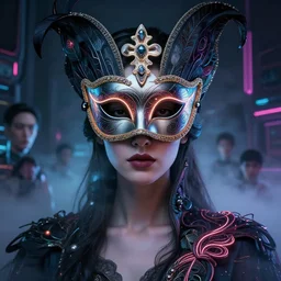 centered portrait of a beautiful woman wearing a venetian mask, intricate concept art, ethereal, highly detailed, artstation, smooth, cyberpunk darksynth, cinematic, mist, dramatic neon lighting, illuminated glowing lines, outrun, vaporware, by ruan jia and ilya kuvshinov and liam wong and alphonse mucha