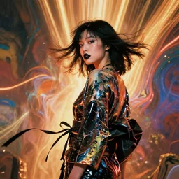 filmstill, over the shoulder, upper body, photography of asian girl model, highly detailed, 8 k, ultra realistic, epic scene, epic light, neon glows, photography by amy leibowitz, black lips, black ribbons in the wind, latex kimono, warm colors, sculpture, volumetric light, lightbeams, art noveau style, neobrutalistic, liquid acrylic paint fluid, painted by monet and kandinski, photography, hypperrealistic, beautiful details, shattered body