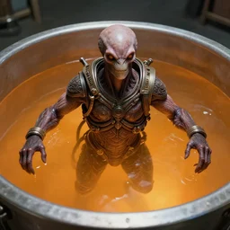 movie still frame, photorealistic, guild navigator mutant floating in orange fluid vat, intricate details, beautiful composition, 8 k, cgi, by ridley scott, james cameron, zack snyder and michael bay
