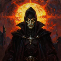 a vibrant portrait painting of a sorcerer villain with piercing eyes in dark fantasy setting, centered, dying earth, darksun, art by frank frazetta, artgerm, michael whelan, chris riddell, greg rutkowski