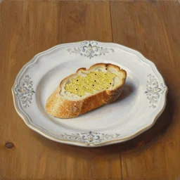 oil painting of a slice of garlic bread on an ornate italian ceramic plate on an oak table