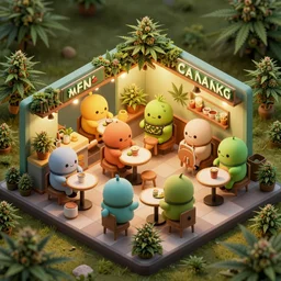 cannabis cafe detailed cute characters, isometric fun style rendered, by ren hang