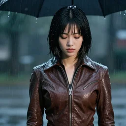 youthful asian blade runner demure, 3 5 mm, exquisite features, feminine cut, eyes shut, 1 9 7 0's frontiers in flight leather suit, roger deakins, pouring rain
